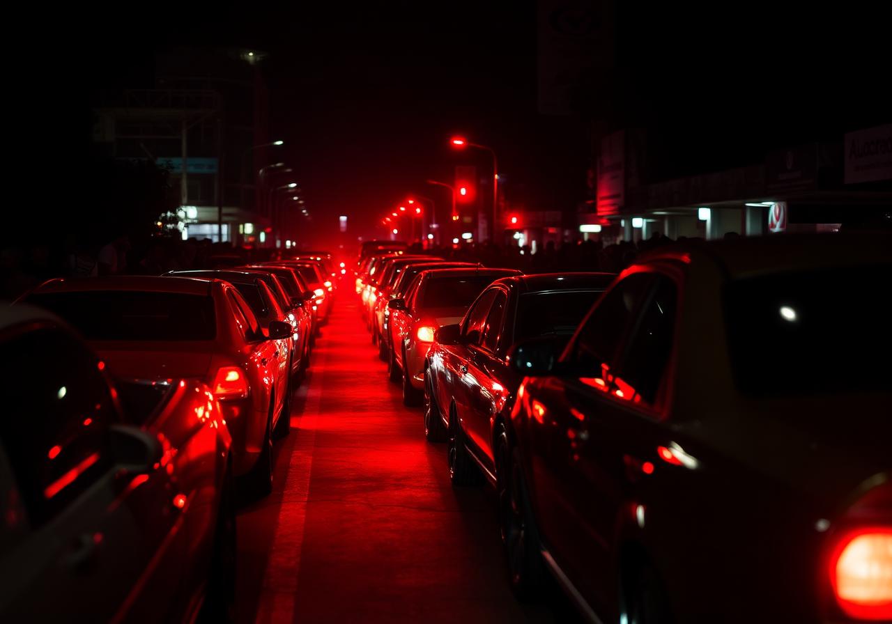Carros enfileirados em encontro noturno
