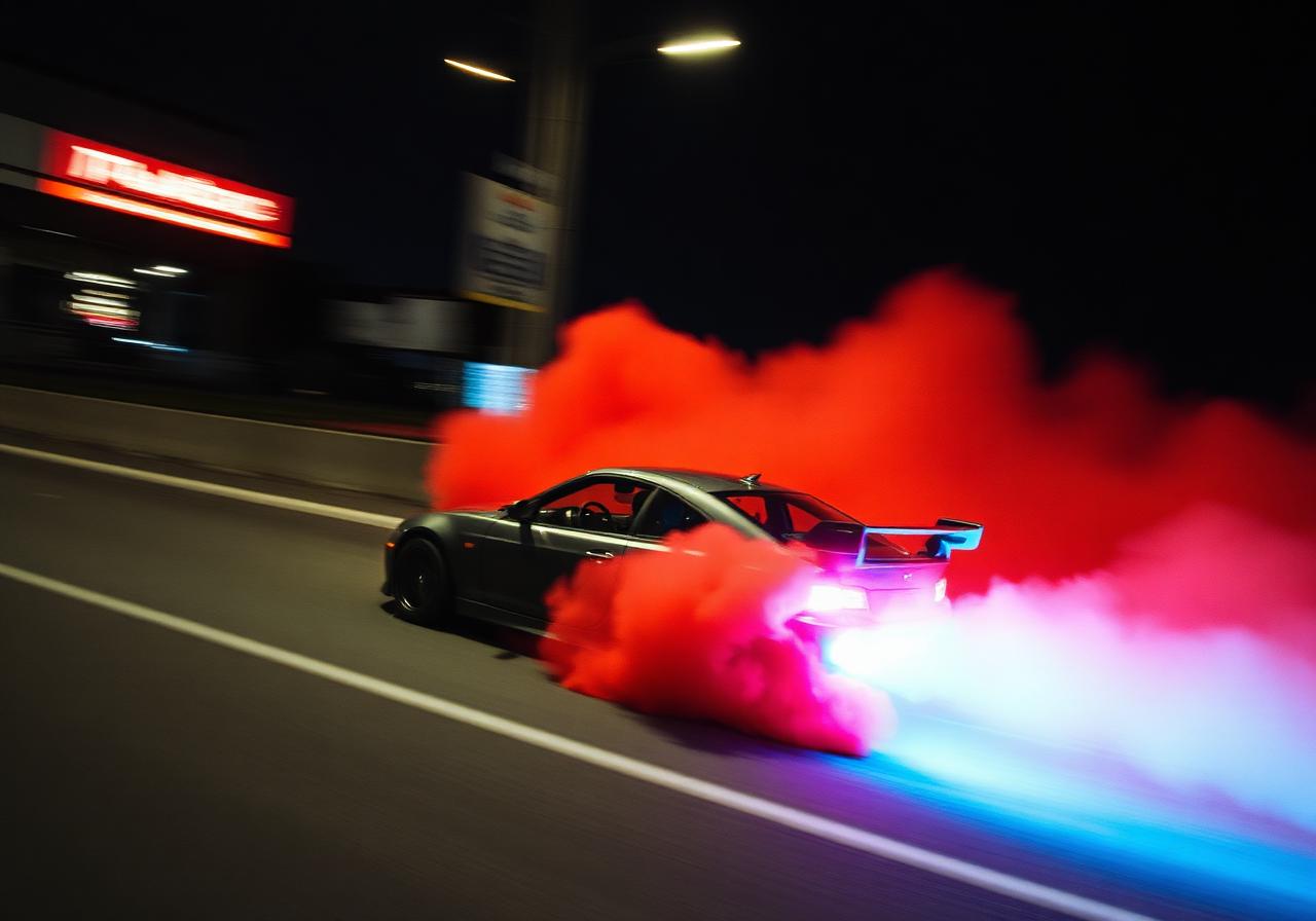 Carro em drift com fumaça vermelha